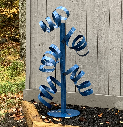 blue metal garden sculpture